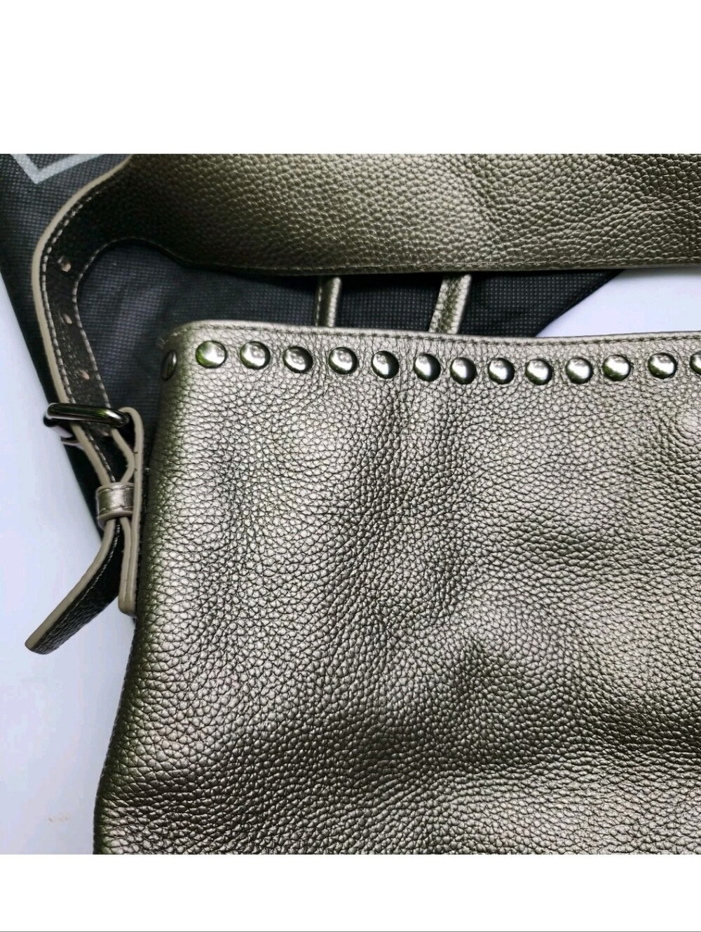 LAGGO Reed Purse Shoulder Bag Metallic Silver Pebbled Leather Studded Tote Hobo - Picture 6 of 8